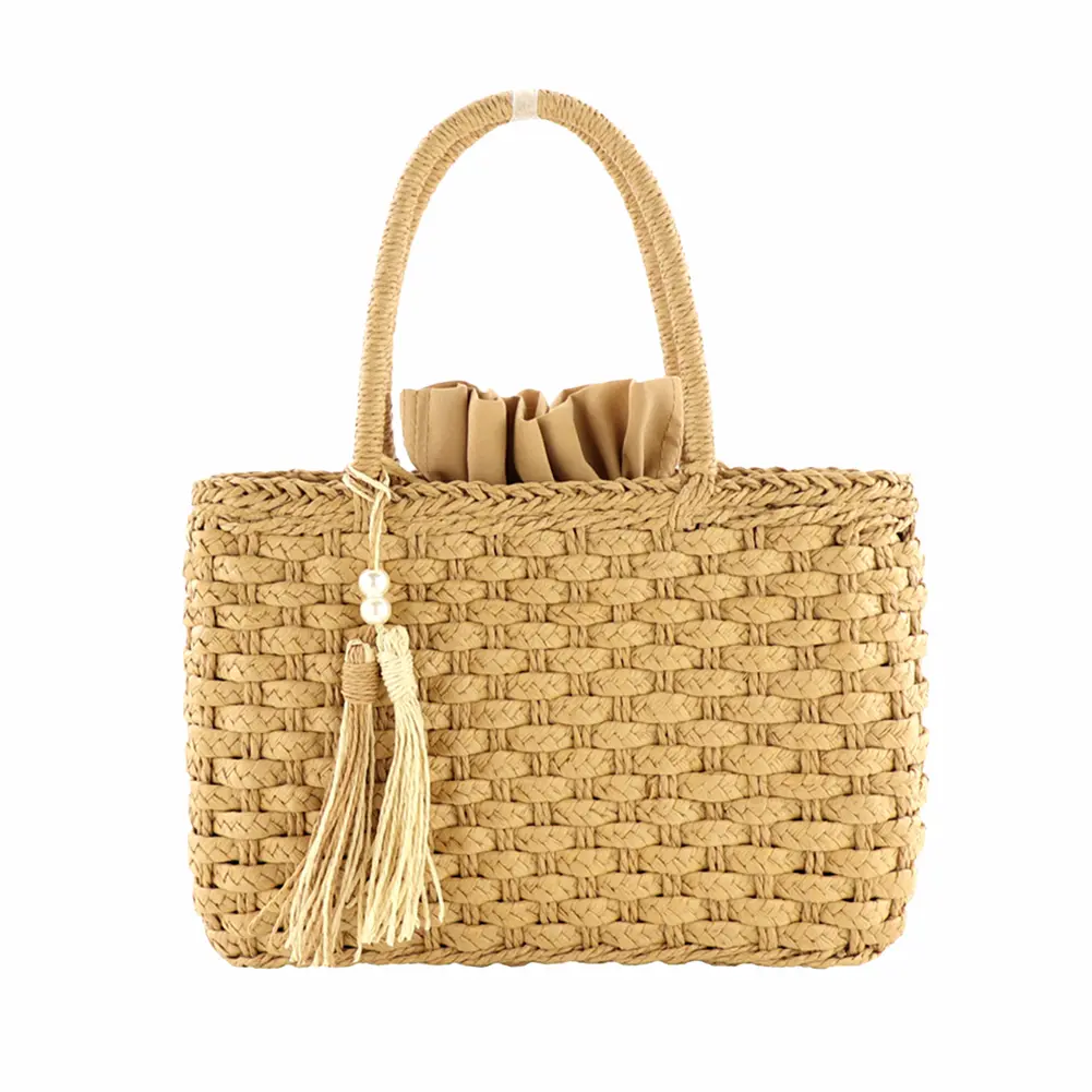 Retro Straw Weaving Shoulder Bag with Tassel Pearl Fashion Hand-Woven Tote Handbag Women Drawstring Satchel Bag Summer Woven Bag