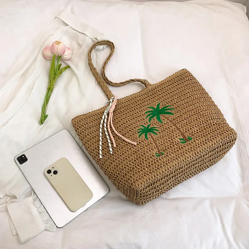 Casual Woven Shoulder Bag Summer Beach Tote Handbag Large Capacity Underarm Pouch Manual Basket Bag for Seaside Vacation Travel