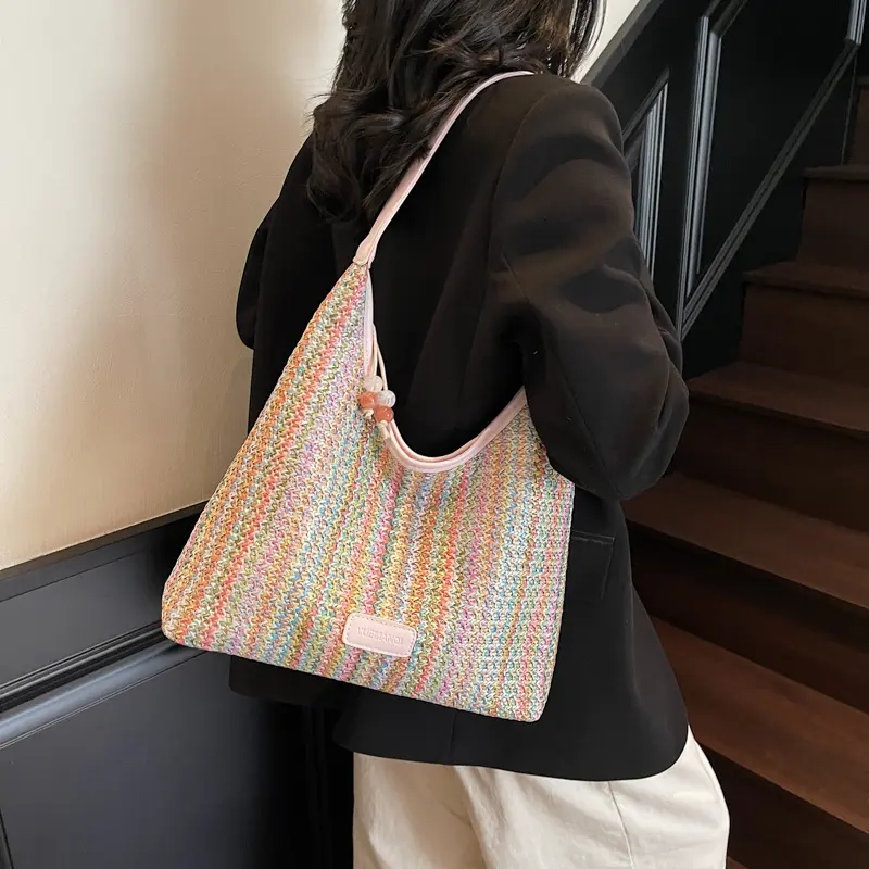 Straw Woven Tote Bag Beach Weaving Shoulder Bag Underarm Hollow Woven Pouch Striped Hand Woven Clutch Bags Travel Shopping Bags