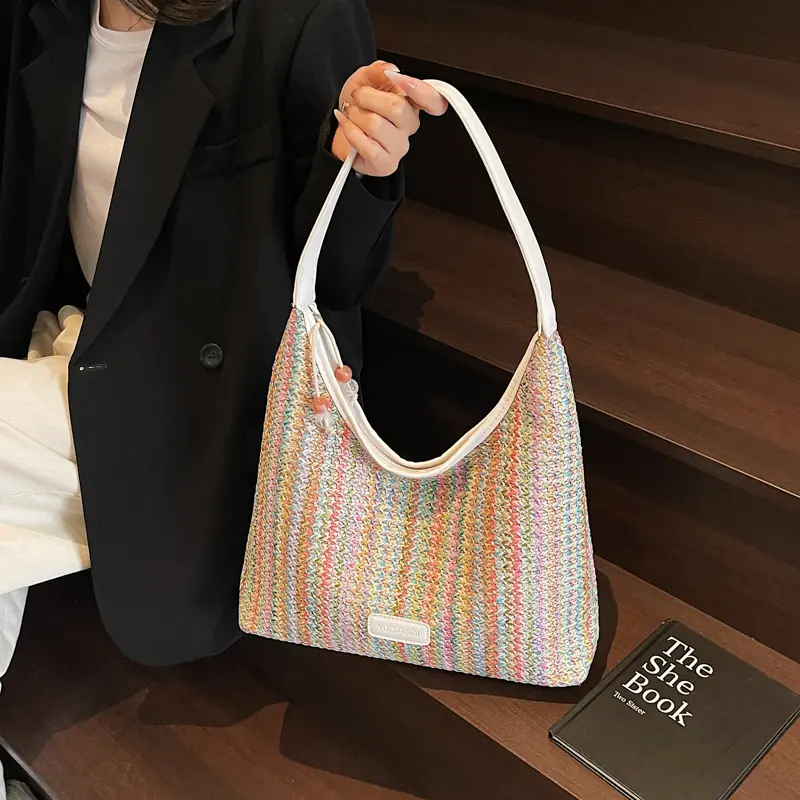 Straw Woven Tote Bag Beach Weaving Shoulder Bag Underarm Hollow Woven Pouch Striped Hand Woven Clutch Bags Travel Shopping Bags