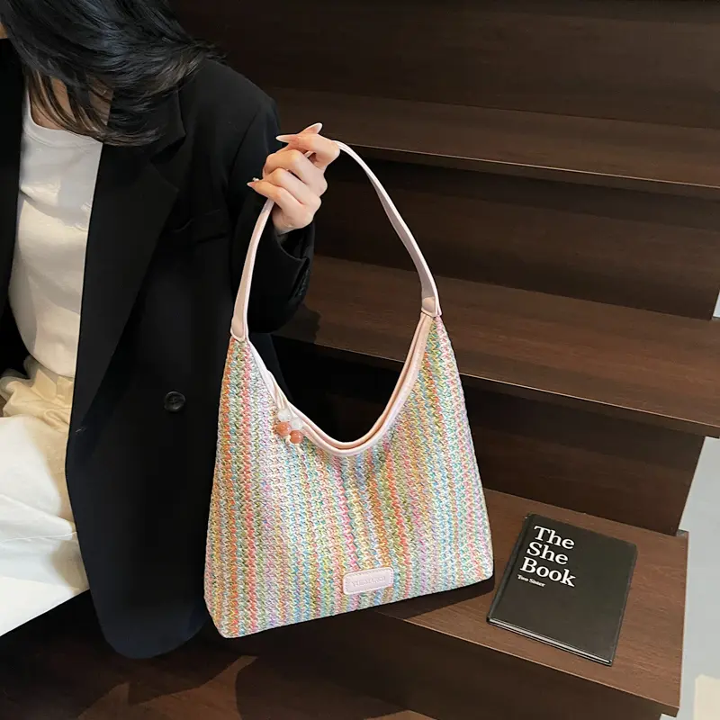 Straw Woven Tote Bag Beach Weaving Shoulder Bag Underarm Hollow Woven Pouch Striped Hand Woven Clutch Bags Travel Shopping Bags
