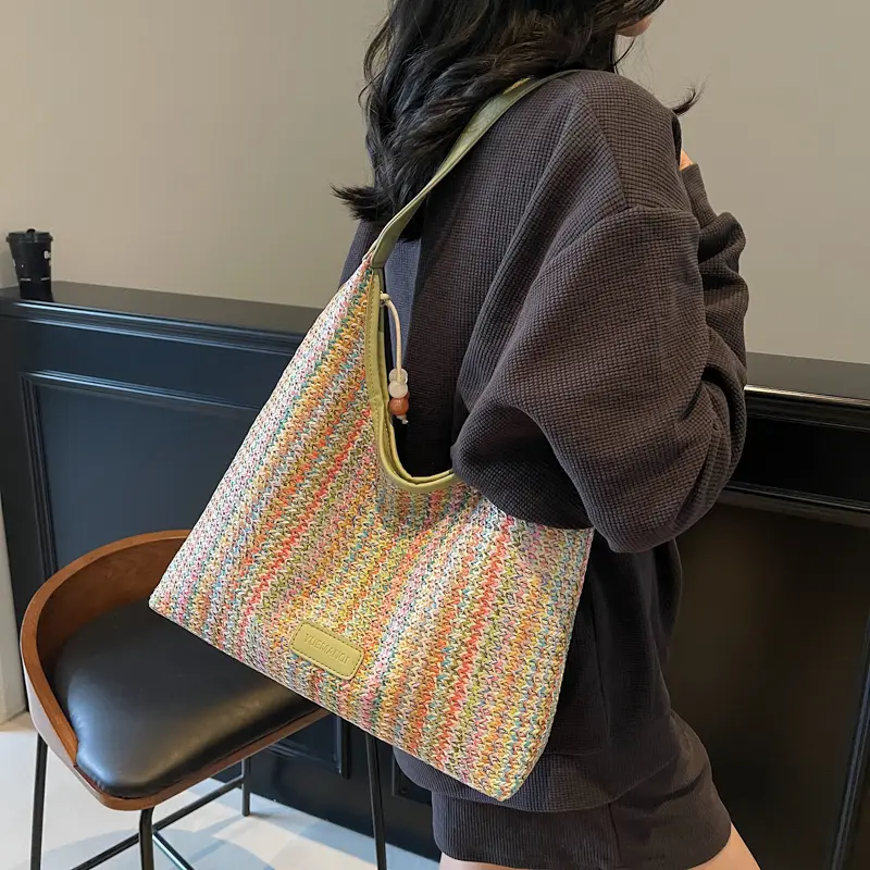 Straw Woven Tote Bag Beach Weaving Shoulder Bag Underarm Hollow Woven Pouch Striped Hand Woven Clutch Bags Travel Shopping Bags