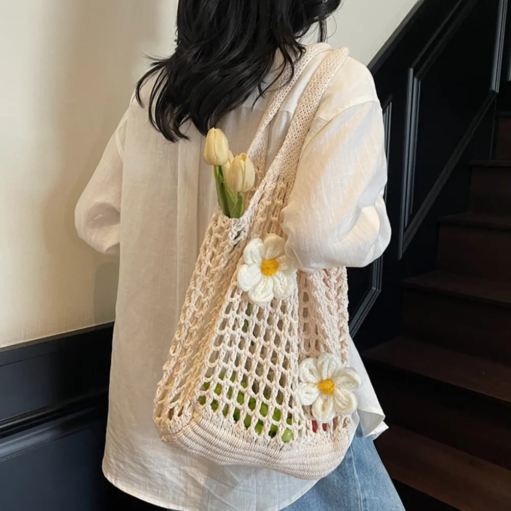 Women Straw Mesh Shoulder Bag Casual Crochet Tote Handbags Foldable Knitted Large Beach Bags Summer Hollow Out Underarm Pouch