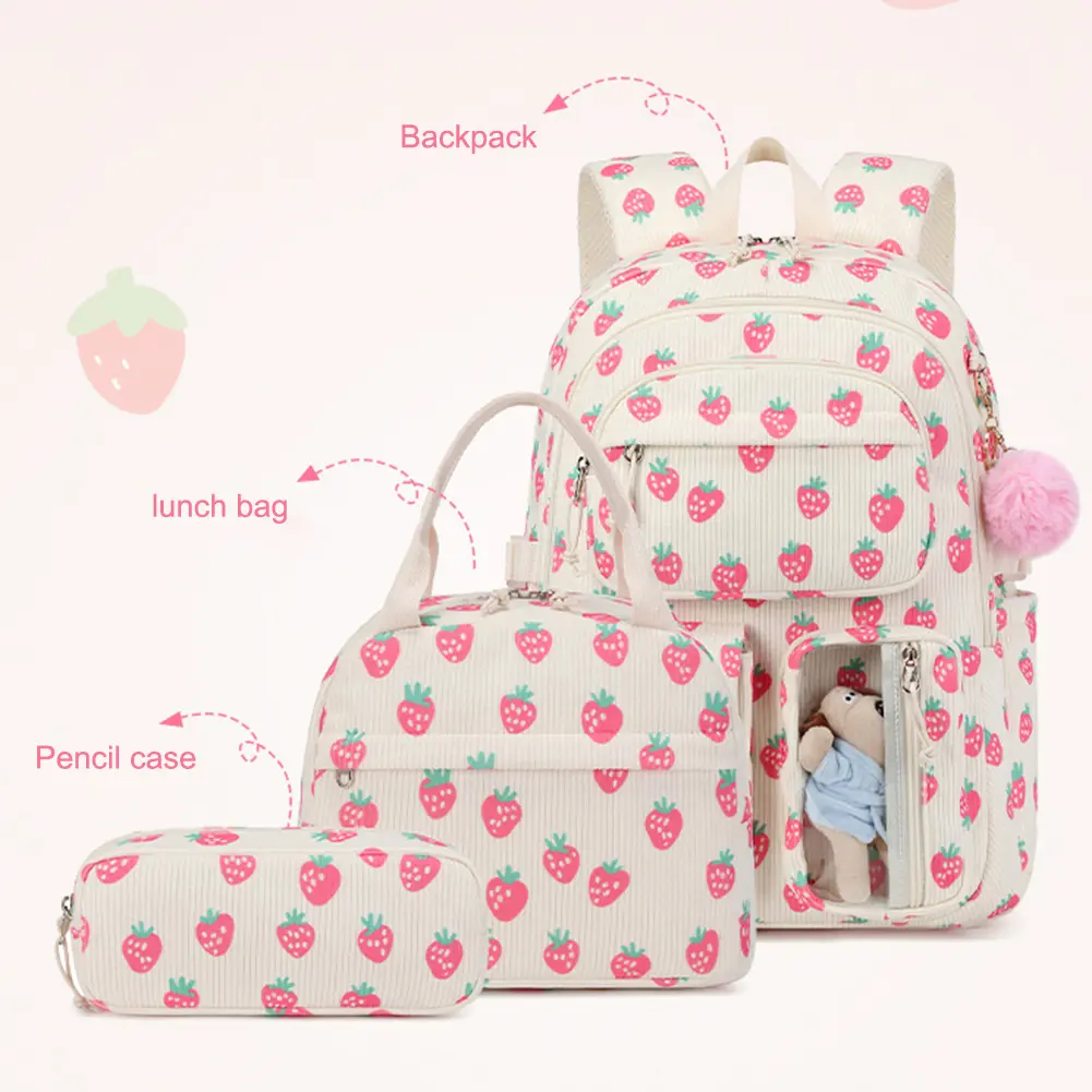 3-in-1 Corduroy Kawaii School Bookbag with Lunch Box and Pencil Case Girl Cute Backpack Set Student Strawberry Print Daypack