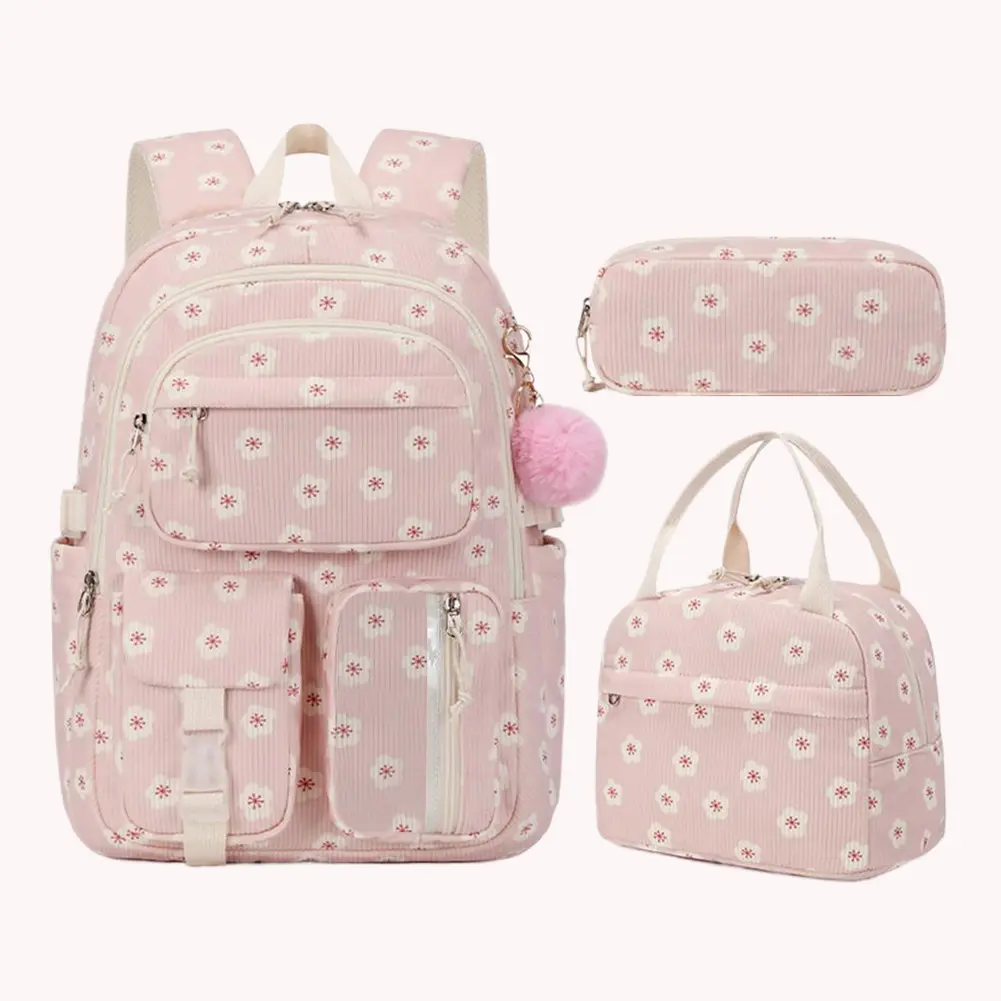3-in-1 Corduroy Kawaii School Bookbag with Lunch Box and Pencil Case Girl Cute Backpack Set Student Strawberry Print Daypack
