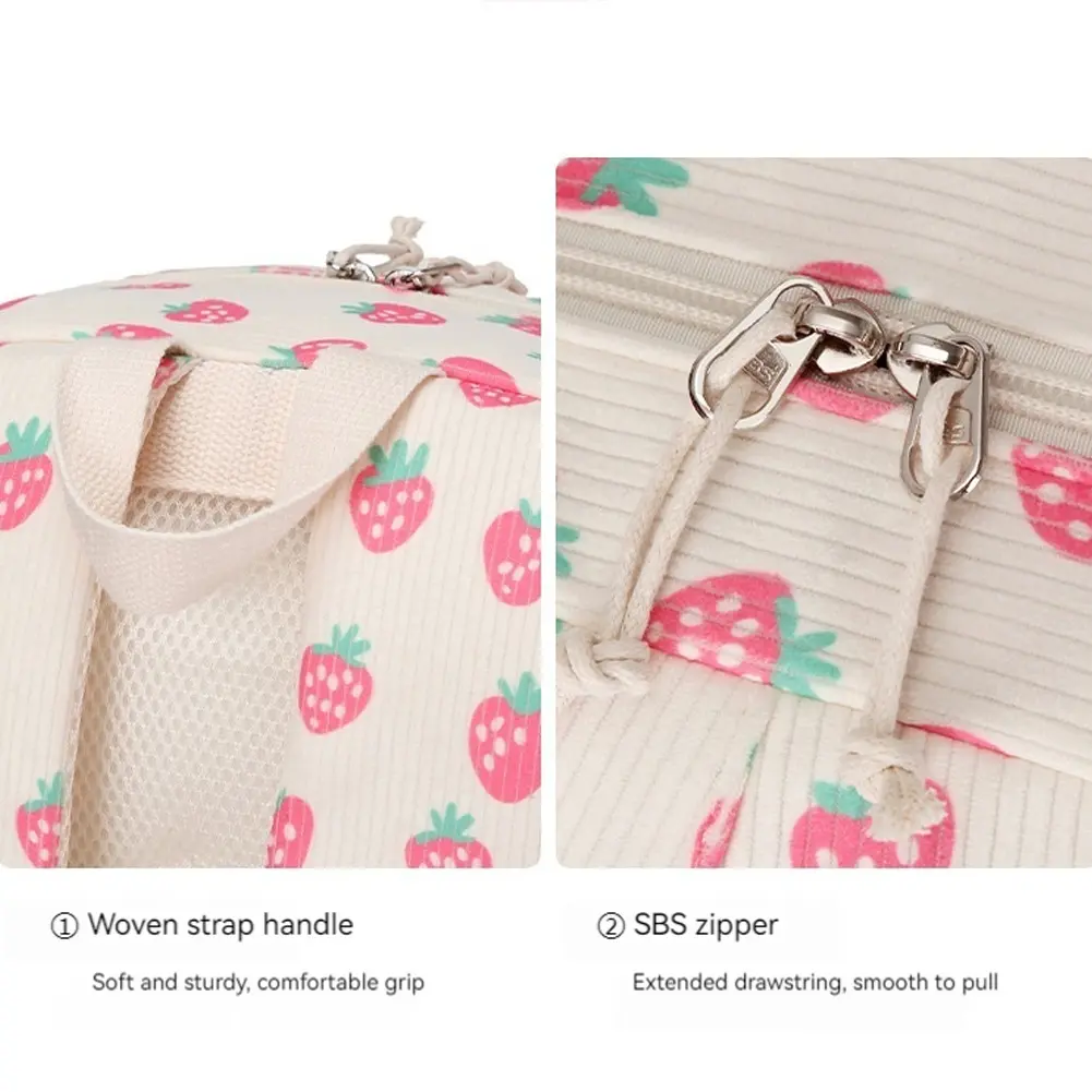 3-in-1 Corduroy Kawaii School Bookbag with Lunch Box and Pencil Case Girl Cute Backpack Set Student Strawberry Print Daypack