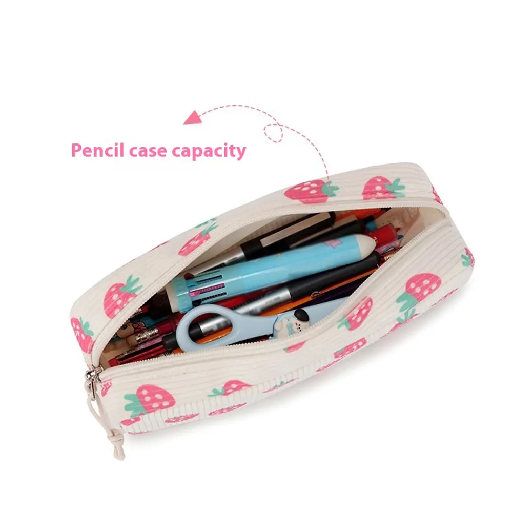 3-in-1 Corduroy Kawaii School Bookbag with Lunch Box and Pencil Case Girl Cute Backpack Set Student Strawberry Print Daypack