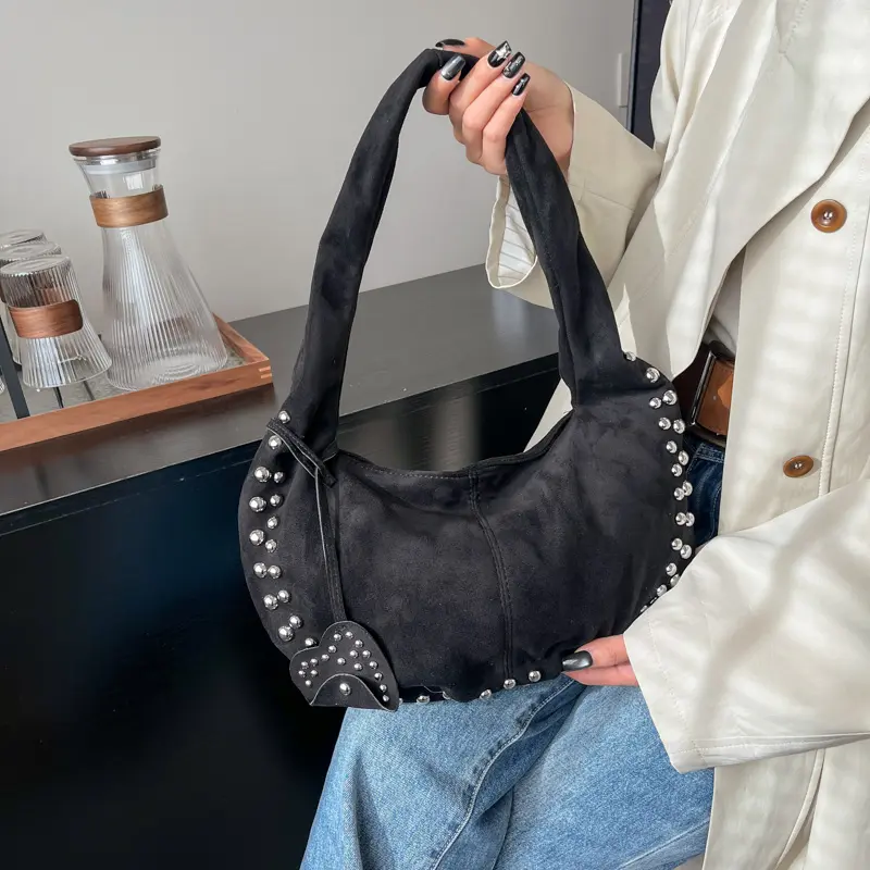 Deerskin Velvet Leather Studded Shoulder Bag Y2K Crescent Hobo Tote Handbag Rivet Frosted Travel Casual Suede Underarm Pouch