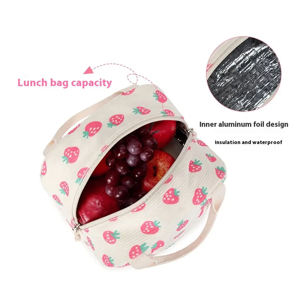 3-in-1 Corduroy Kawaii School Bookbag with Lunch Box and Pencil Case Girl Cute Backpack Set Student Strawberry Print Daypack