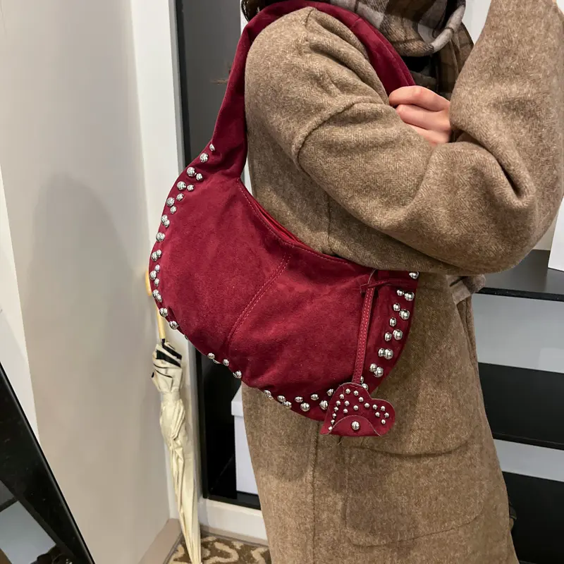 Deerskin Velvet Leather Studded Shoulder Bag Y2K Crescent Hobo Tote Handbag Rivet Frosted Travel Casual Suede Underarm Pouch