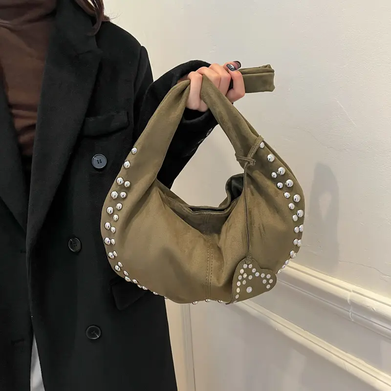 Deerskin Velvet Leather Studded Shoulder Bag Y2K Crescent Hobo Tote Handbag Rivet Frosted Travel Casual Suede Underarm Pouch