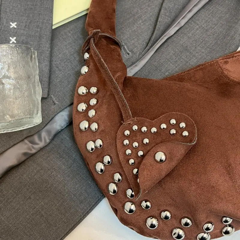 Deerskin Velvet Leather Studded Shoulder Bag Y2K Crescent Hobo Tote Handbag Rivet Frosted Travel Casual Suede Underarm Pouch