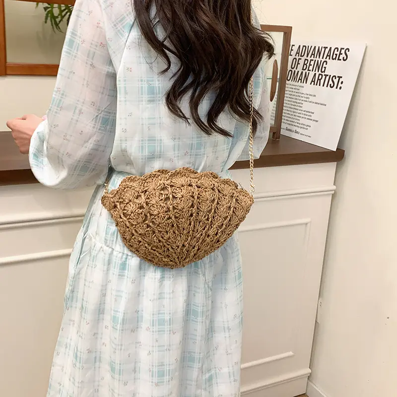 Women's Straw Woven Bag Lotus Leaf Edge Bohemian Hand Woven Small Handbag Beach Weave Crossbody Bag Ladies Shopping Bag Purses