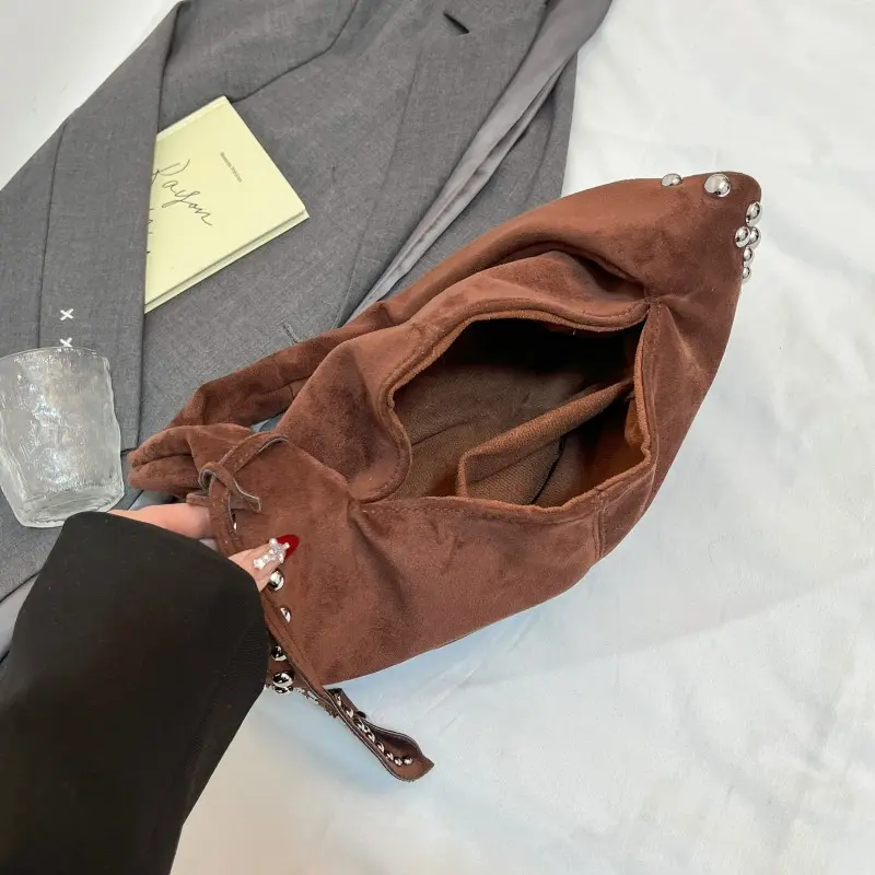 Deerskin Velvet Leather Studded Shoulder Bag Y2K Crescent Hobo Tote Handbag Rivet Frosted Travel Casual Suede Underarm Pouch