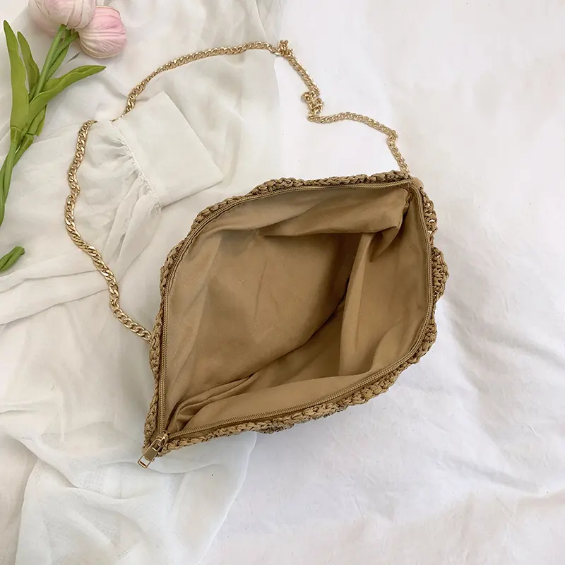 Women's Straw Woven Bag Lotus Leaf Edge Bohemian Hand Woven Small Handbag Beach Weave Crossbody Bag Ladies Shopping Bag Purses