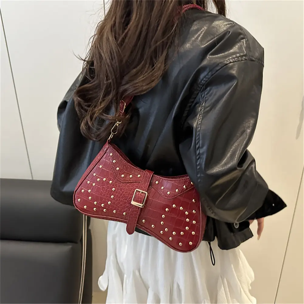 Women Metal Stud Hobos Handbag Rivet Belt Buckle Armpit Bag Leather Saddle Underarm Pouch Travel Commute Shoulder Crossbody Bags