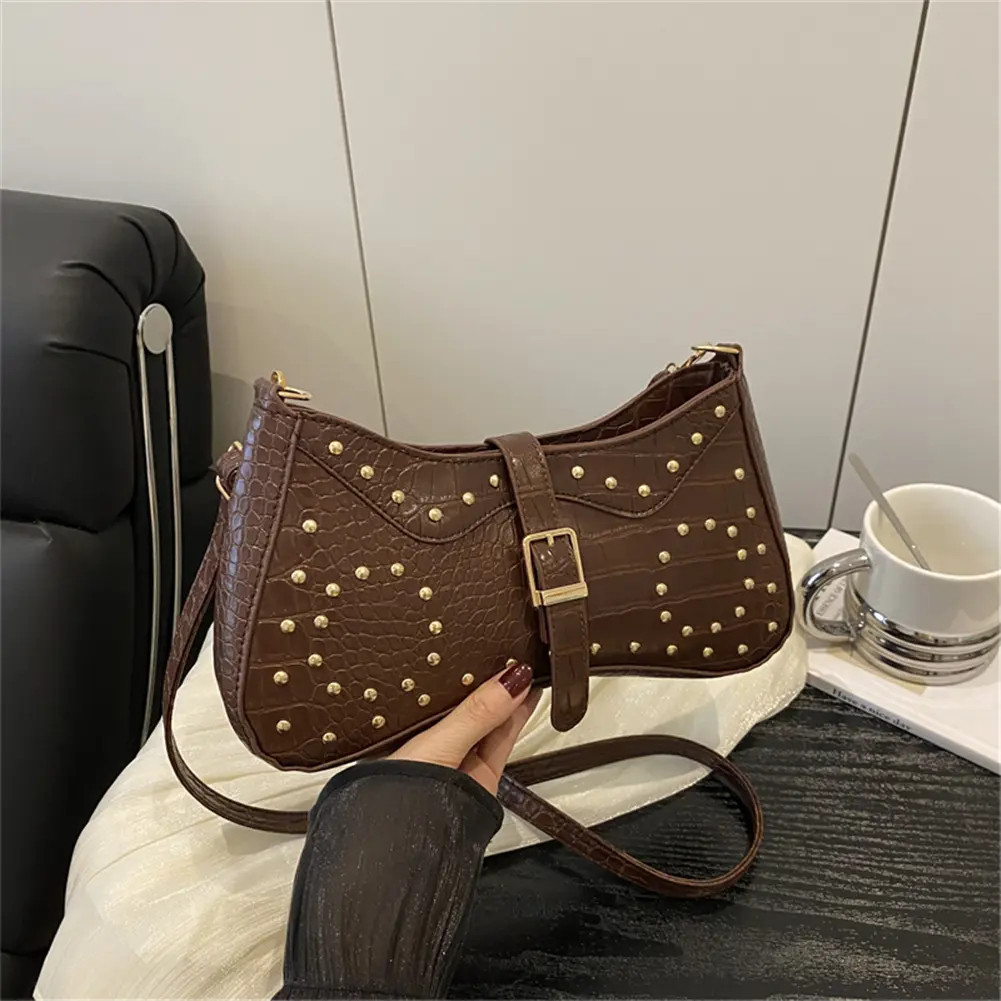 Women Metal Stud Hobos Handbag Rivet Belt Buckle Armpit Bag Leather Saddle Underarm Pouch Travel Commute Shoulder Crossbody Bags
