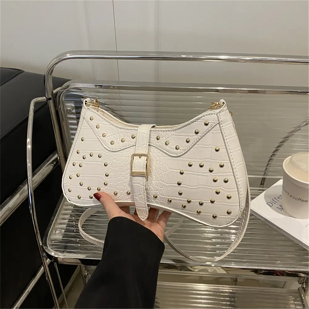 Women Metal Stud Hobos Handbag Rivet Belt Buckle Armpit Bag Leather Saddle Underarm Pouch Travel Commute Shoulder Crossbody Bags
