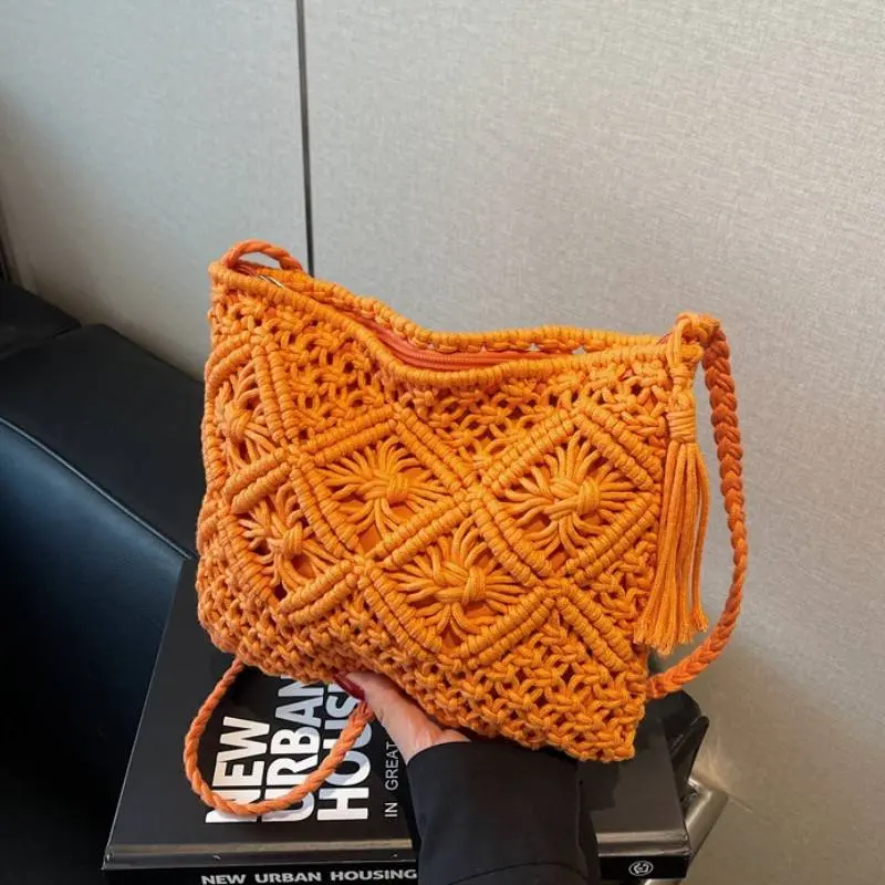 Bohemia Woven Shoulder Bag Women Beach Crochet Crossbody Bags Casual Lightweight Handbags Versatile Zipper Vacation Pocket Pouch
