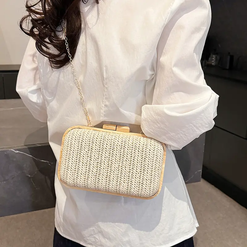 Luxury Handwoven Straw Square Shoulder Bag Chain Crossbody bags Solid Wood Handbag Fabric Weave Evening Bag Party Dinner Purse
