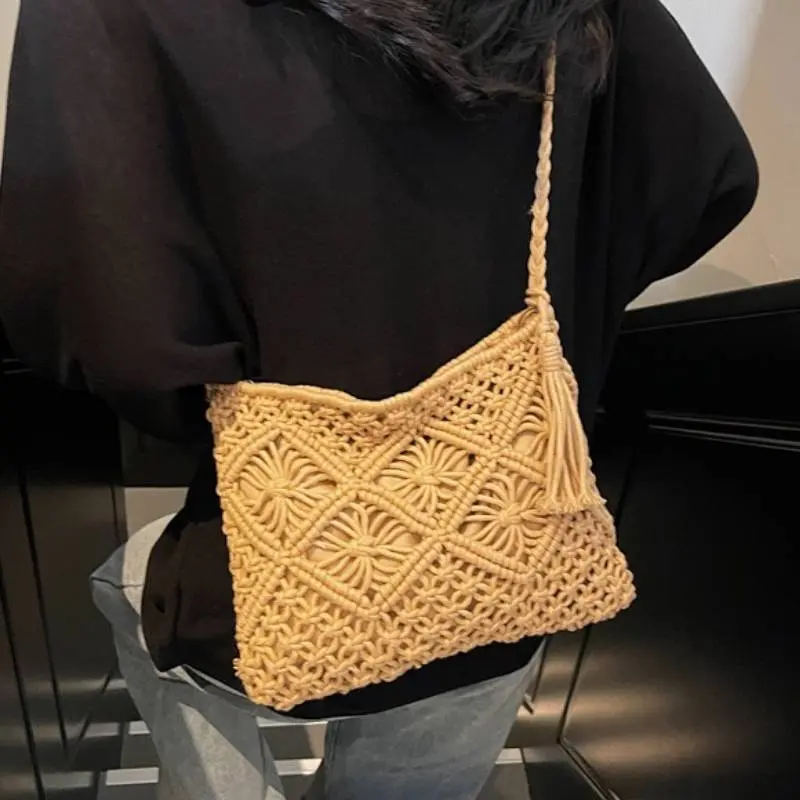 Bohemia Woven Shoulder Bag Women Beach Crochet Crossbody Bags Casual Lightweight Handbags Versatile Zipper Vacation Pocket Pouch