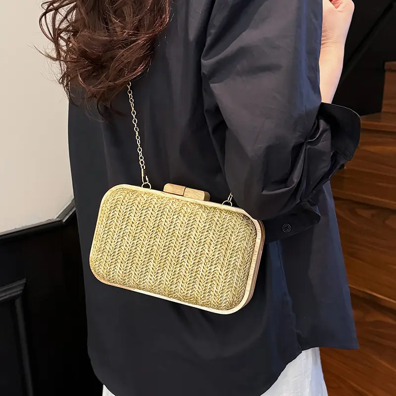 Luxury Handwoven Straw Square Shoulder Bag Chain Crossbody bags Solid Wood Handbag Fabric Weave Evening Bag Party Dinner Purse
