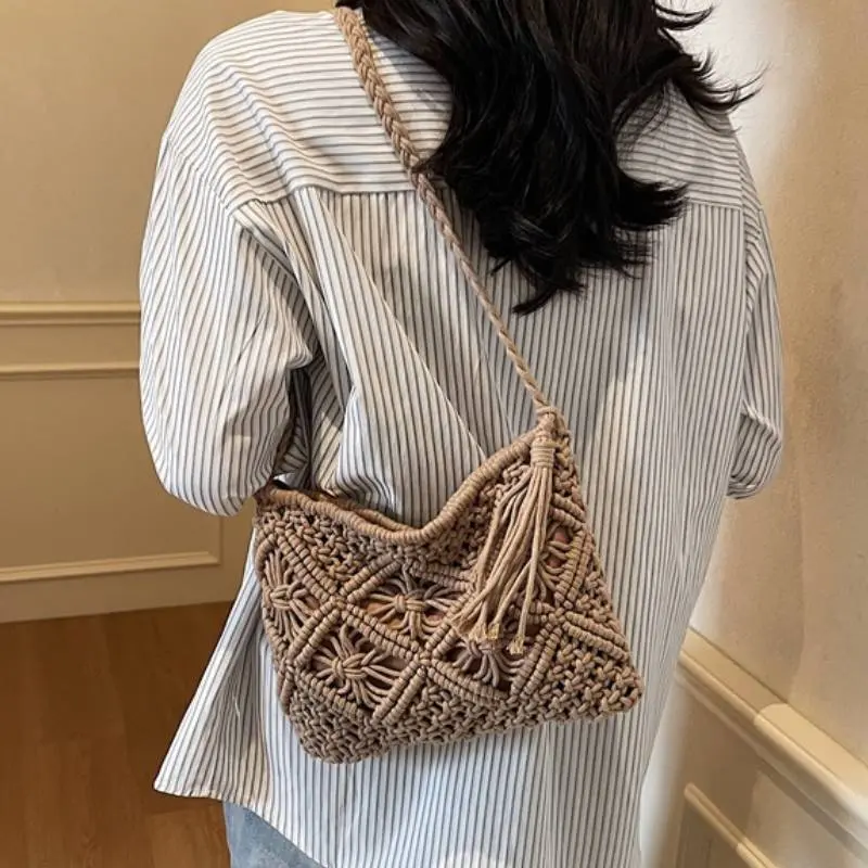 Bohemia Woven Shoulder Bag Women Beach Crochet Crossbody Bags Casual Lightweight Handbags Versatile Zipper Vacation Pocket Pouch
