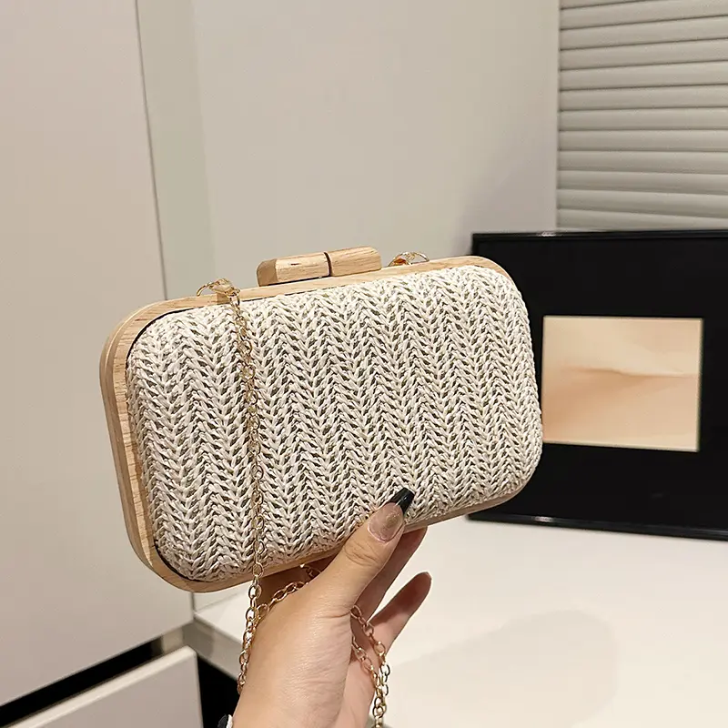 Luxury Handwoven Straw Square Shoulder Bag Chain Crossbody bags Solid Wood Handbag Fabric Weave Evening Bag Party Dinner Purse
