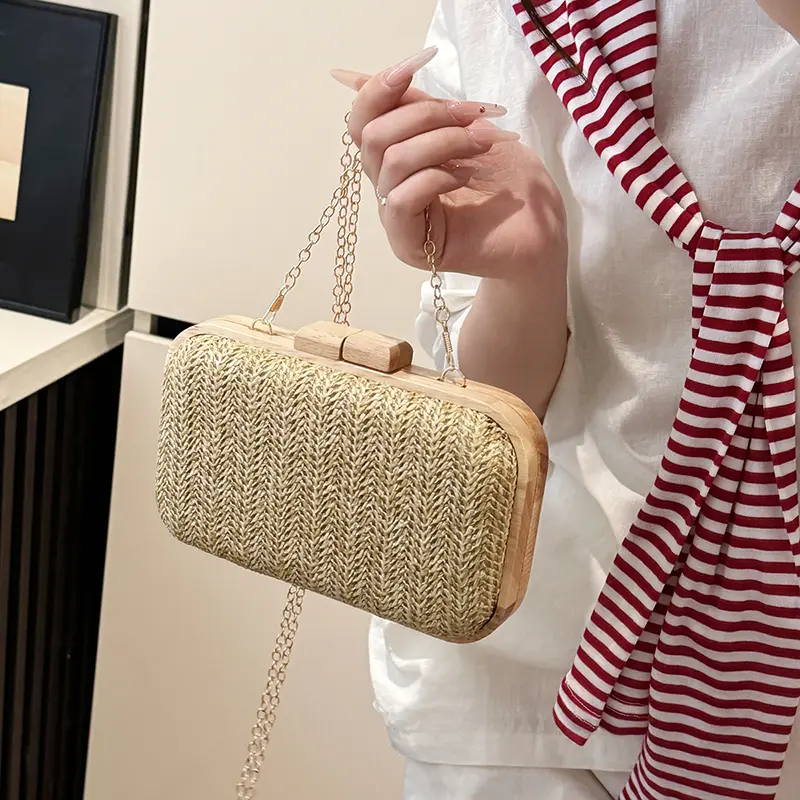 Luxury Handwoven Straw Square Shoulder Bag Chain Crossbody bags Solid Wood Handbag Fabric Weave Evening Bag Party Dinner Purse