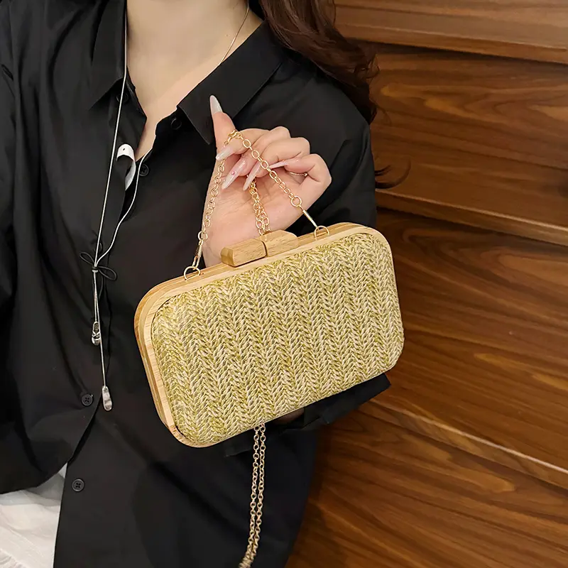 Luxury Handwoven Straw Square Shoulder Bag Chain Crossbody bags Solid Wood Handbag Fabric Weave Evening Bag Party Dinner Purse