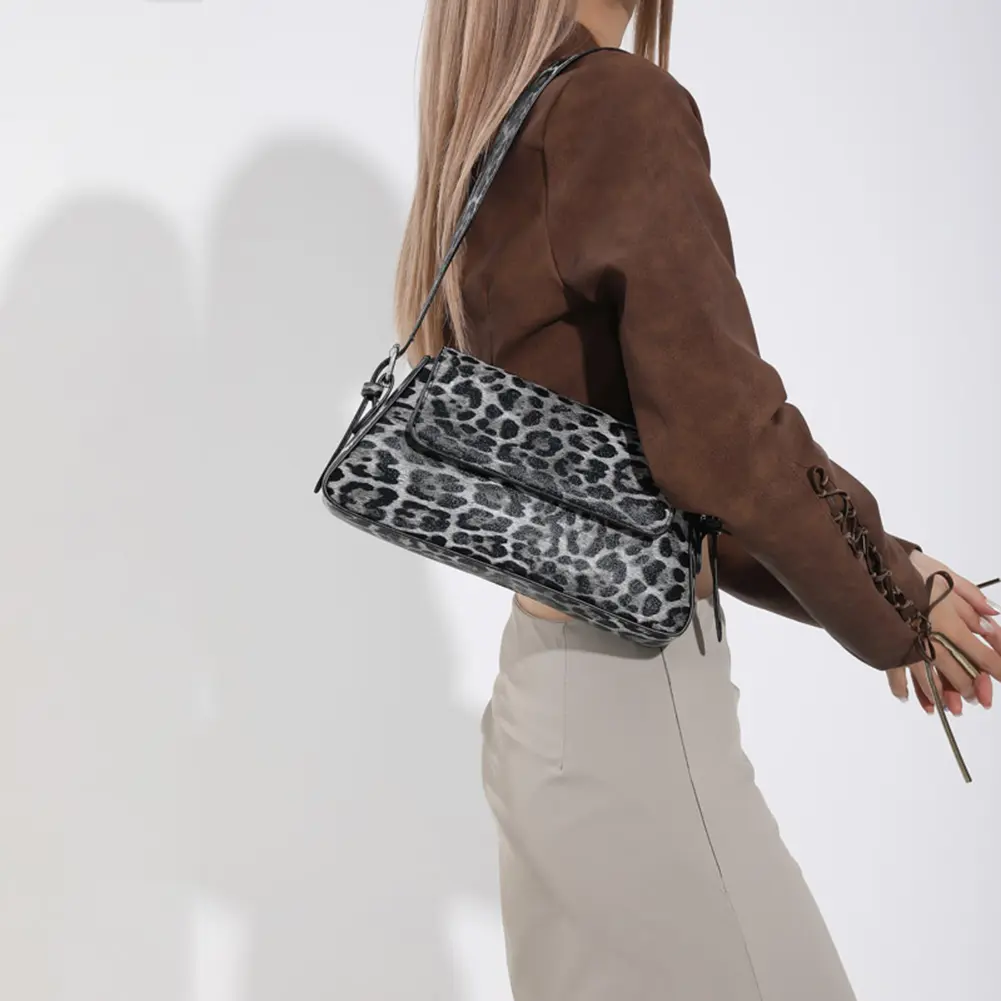 Y2K Women Leopard Pattern Armpit Purse PU Leather Small Underarm Bag Spicy Girl Fashion Tote Ladies Waterproof Chic Shoulder Bag