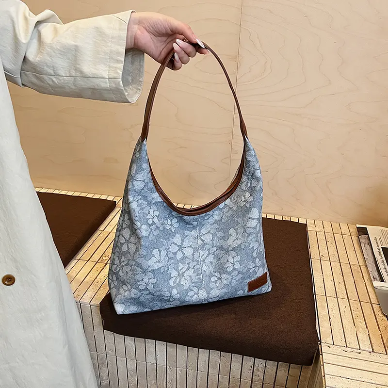 New Retro Flowers Shoulder Bags Casual Bucket Bags Women Large Capacity Vintage Top-Handle Bags Luxury Commuting Underarm Pouch