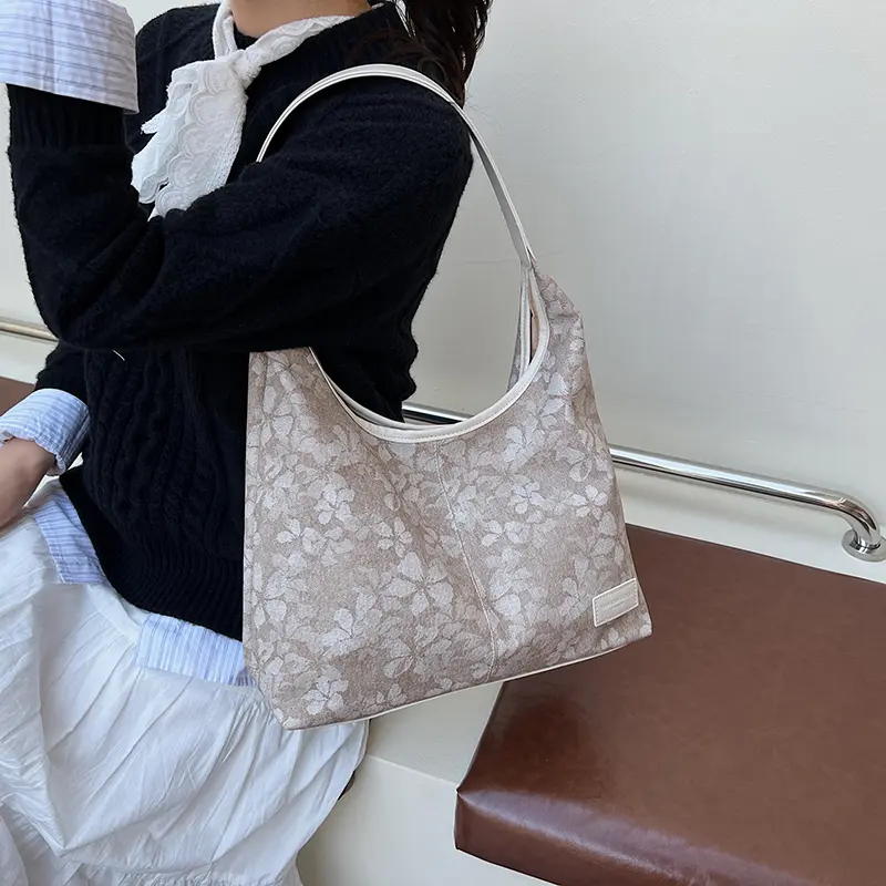 New Retro Flowers Shoulder Bags Casual Bucket Bags Women Large Capacity Vintage Top-Handle Bags Luxury Commuting Underarm Pouch