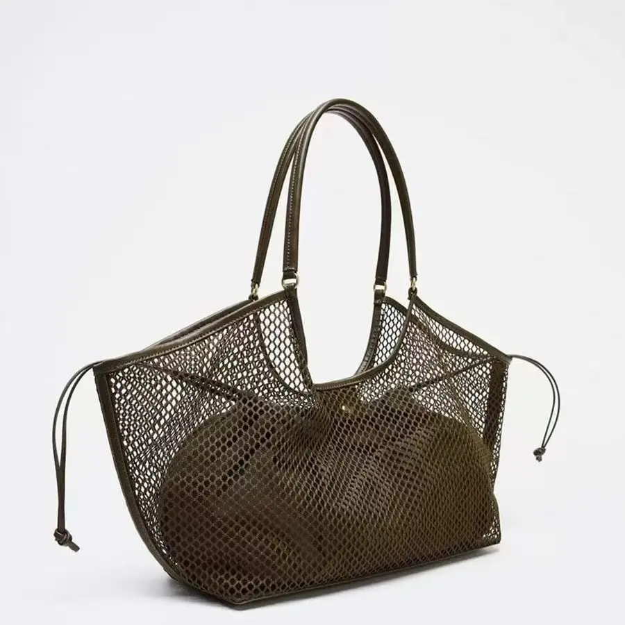 Women Large Capacity Mesh Shoulder Bag Casual Hollow Out Tote Handbag Beach Net Storage Top-Handle Bags Shopping Basket Bag