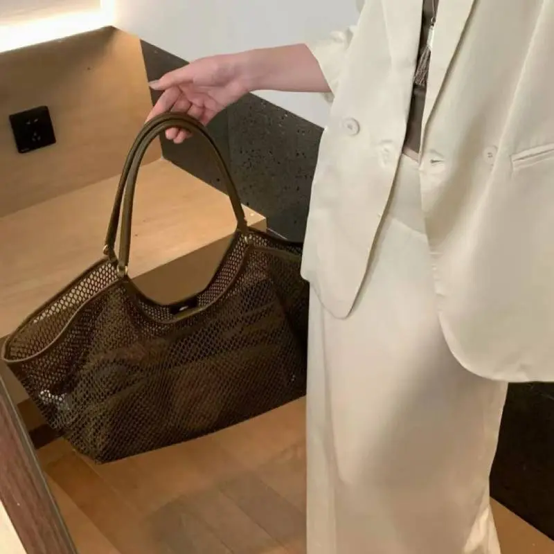 Women Large Capacity Mesh Shoulder Bag Casual Hollow Out Tote Handbag Beach Net Storage Top-Handle Bags Shopping Basket Bag