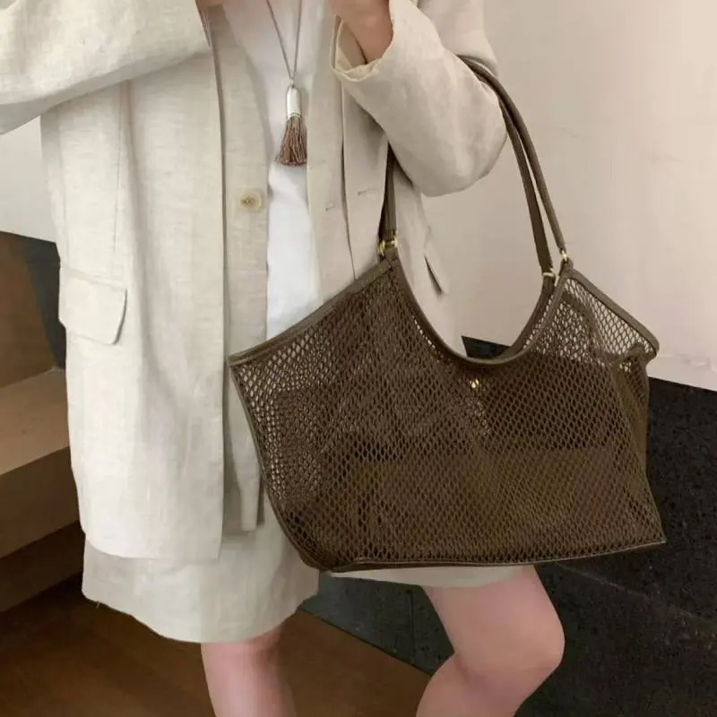 Women Large Capacity Mesh Shoulder Bag Casual Hollow Out Tote Handbag Beach Net Storage Top-Handle Bags Shopping Basket Bag