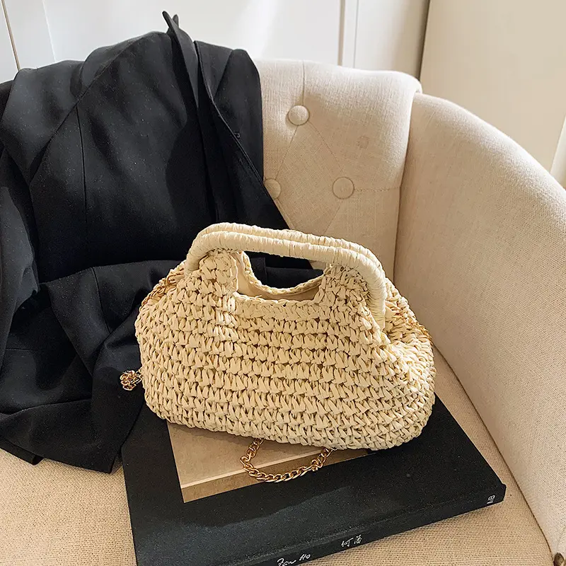 Beach Woven Straw Shoulder Bag Cloud Chain Crossbody Bags Bohemian Casual Weave Handbags Women Seaside Pleated Knit Clutch Purse