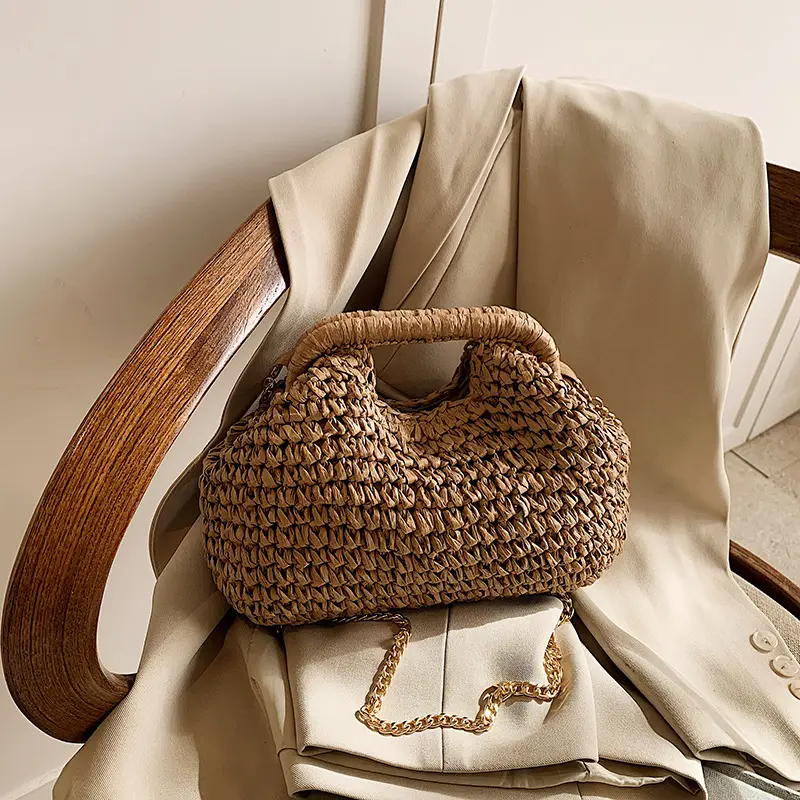 Beach Woven Straw Shoulder Bag Cloud Chain Crossbody Bags Bohemian Casual Weave Handbags Women Seaside Pleated Knit Clutch Purse