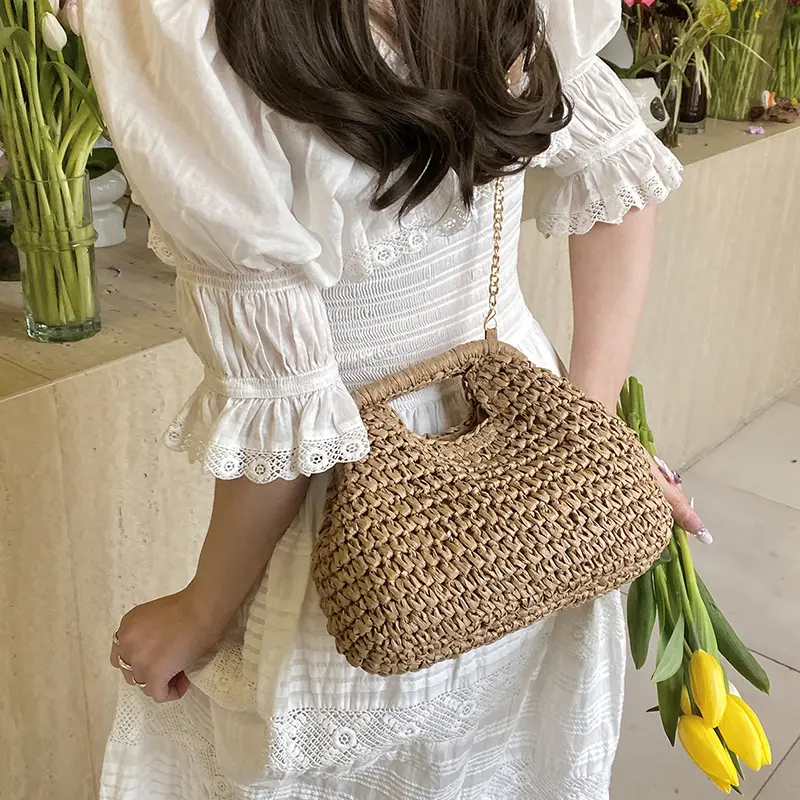 Beach Woven Straw Shoulder Bag Cloud Chain Crossbody Bags Bohemian Casual Weave Handbags Women Seaside Pleated Knit Clutch Purse