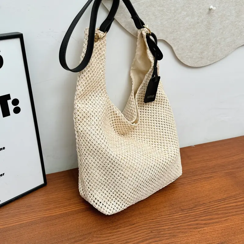 Woven Shoulder Bag Large Straw Beach Tote Handbag Casual Hobo Bucket Bag Summer Casual Top-Handle Bags for Women Travel Vacation