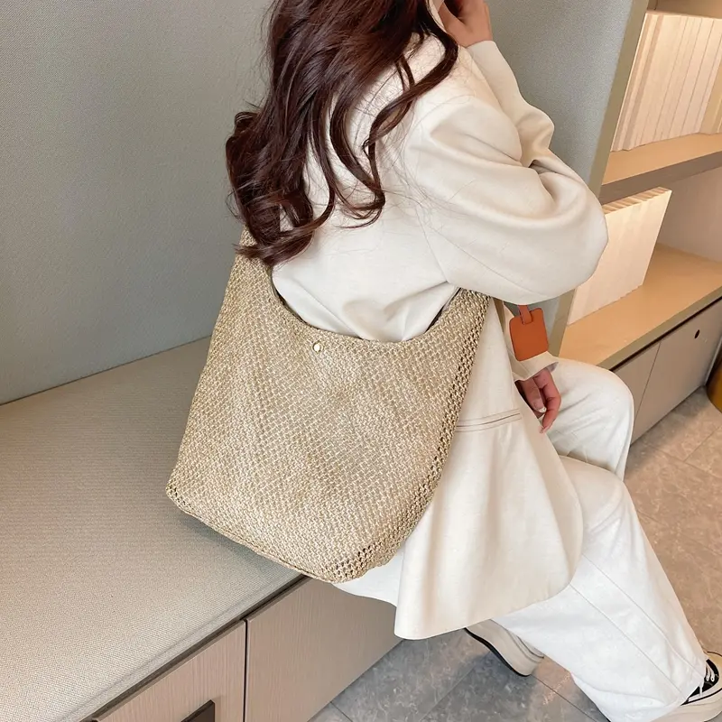 Woven Shoulder Bag Large Straw Beach Tote Handbag Casual Hobo Bucket Bag Summer Casual Top-Handle Bags for Women Travel Vacation