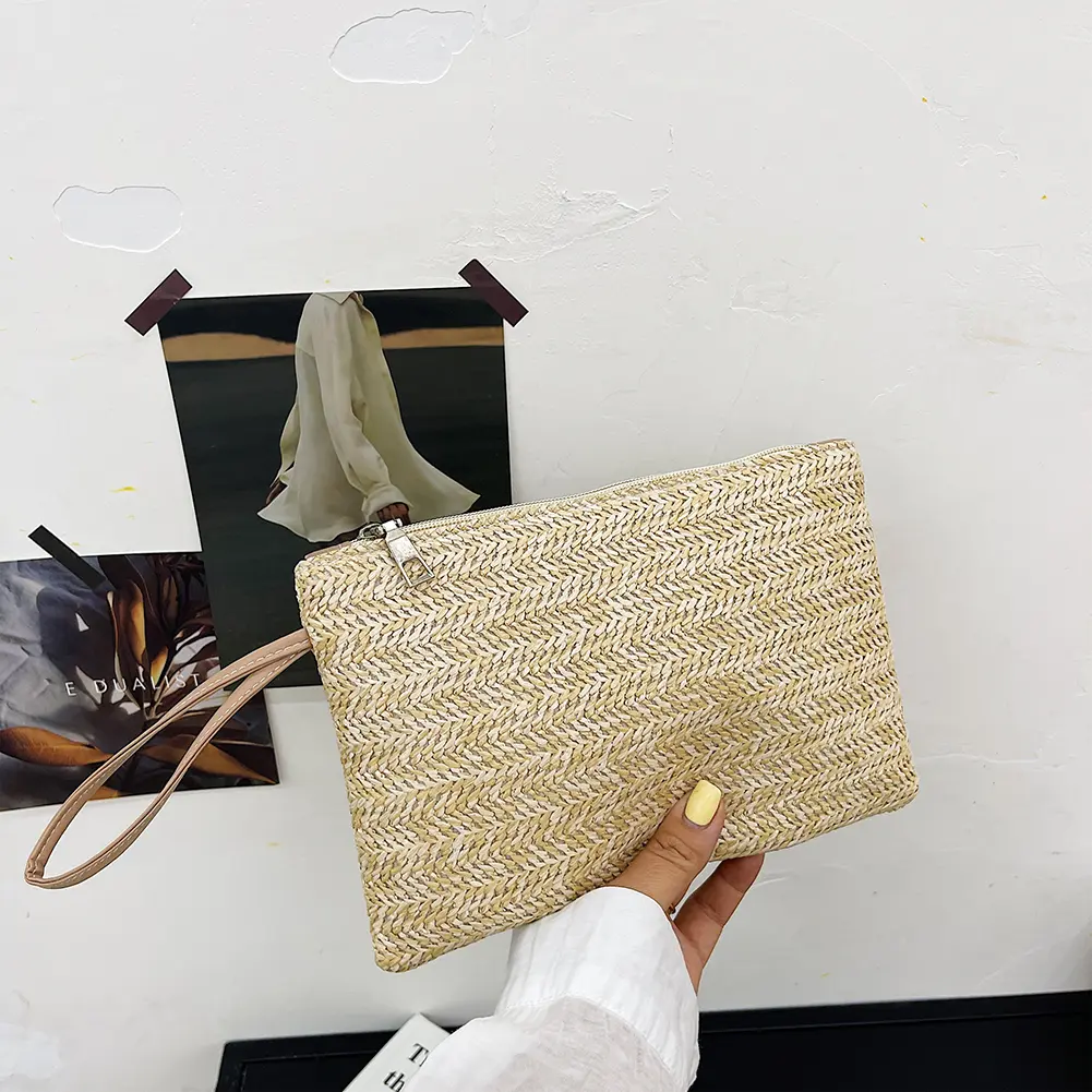 Women Beach Summer Clutch Wristlet Bag Bohemian Woven Style Solid Color Purse Beach Bag Clutch New Fashion Lady Women