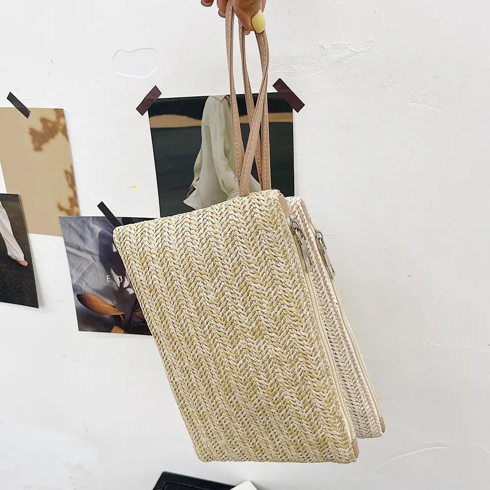 Women Beach Summer Clutch Wristlet Bag Bohemian Woven Style Solid Color Purse Beach Bag Clutch New Fashion Lady Women