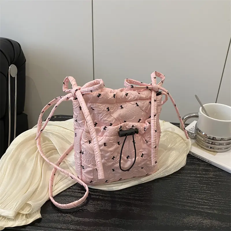 Girls Cute Bow Crossbody Bags Pleated Hobo Shoulder Bag Nylon Mobile Phone Pouch Women Nylon Sling Bag Casual Small Wallet