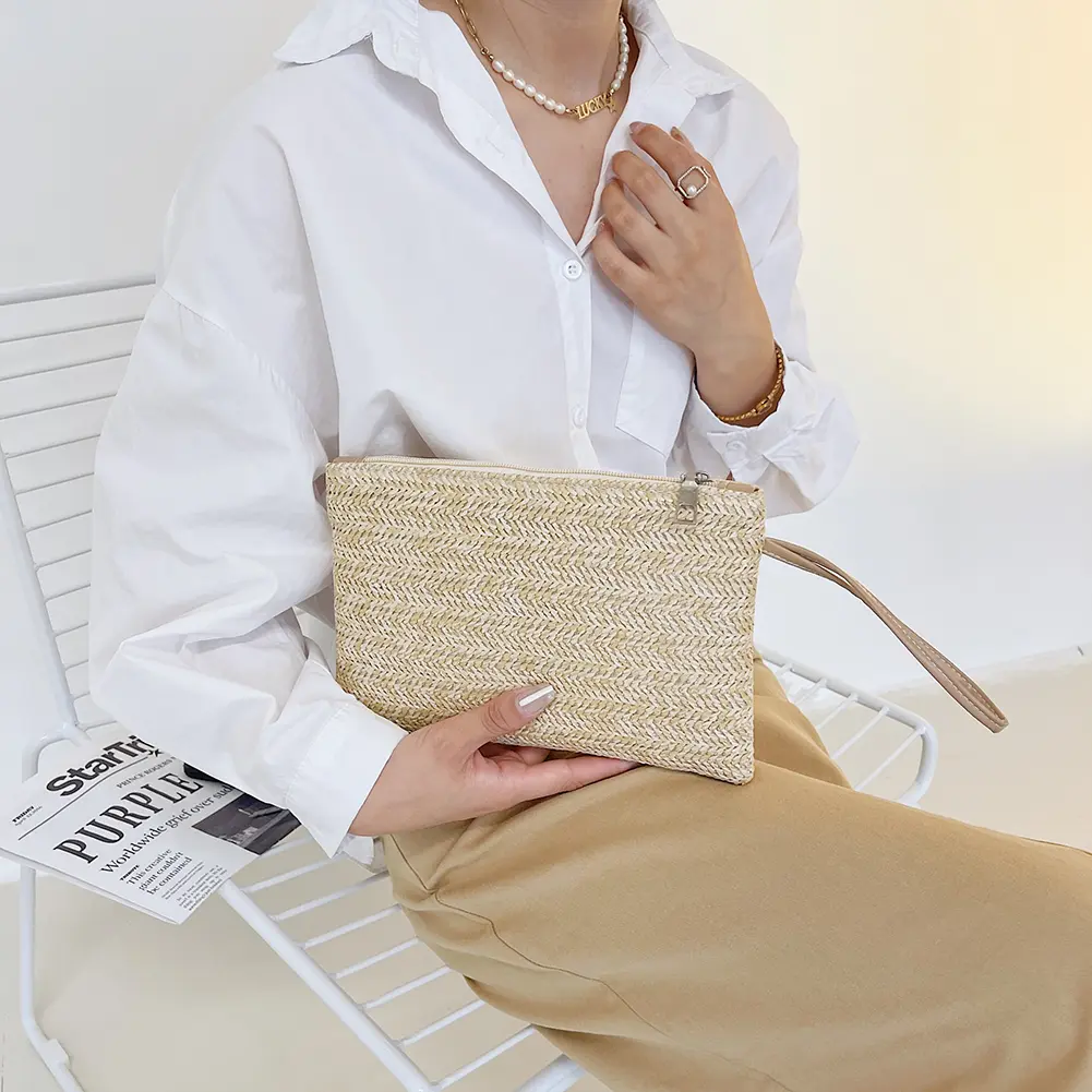 Women Beach Summer Clutch Wristlet Bag Bohemian Woven Style Solid Color Purse Beach Bag Clutch New Fashion Lady Women