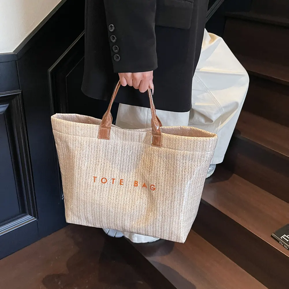 Pvc Woven Tote Bag Beach Straw Handbag Knit Causal Shoulder Bag Simple Hand-Woven Top-Handle Bags Shopping Seaside Vacation Pack