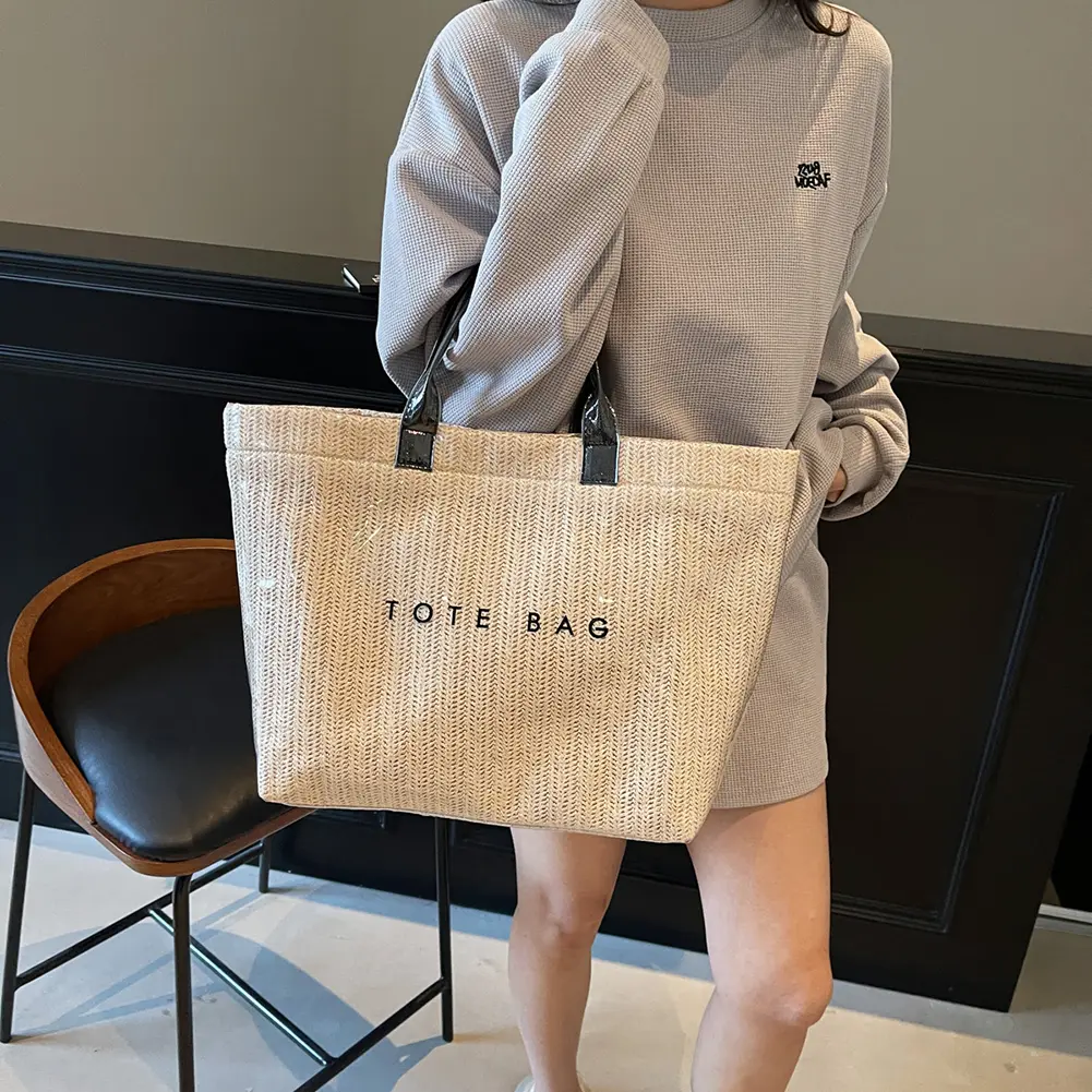 Pvc Woven Tote Bag Beach Straw Handbag Knit Causal Shoulder Bag Simple Hand-Woven Top-Handle Bags Shopping Seaside Vacation Pack