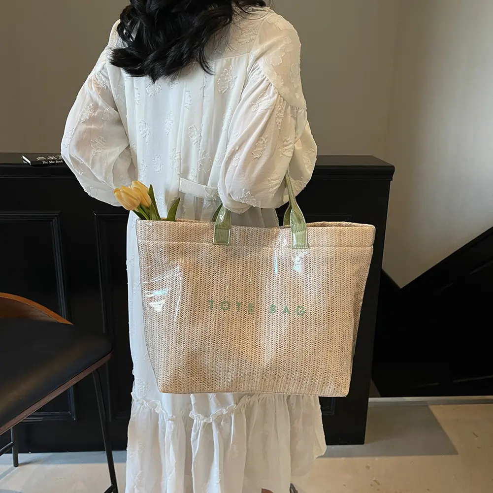 Pvc Woven Tote Bag Beach Straw Handbag Knit Causal Shoulder Bag Simple Hand-Woven Top-Handle Bags Shopping Seaside Vacation Pack