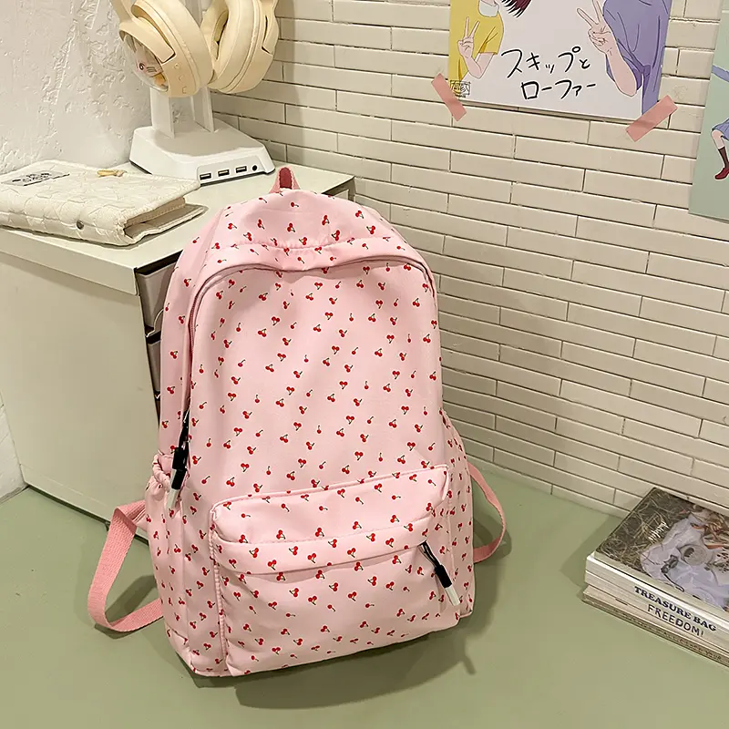 Girls Cherry Student Book Bag Floral Print Soft Laptop Backpack Adjustable Strap Flower Print School Bag Travel Trip Rucksack