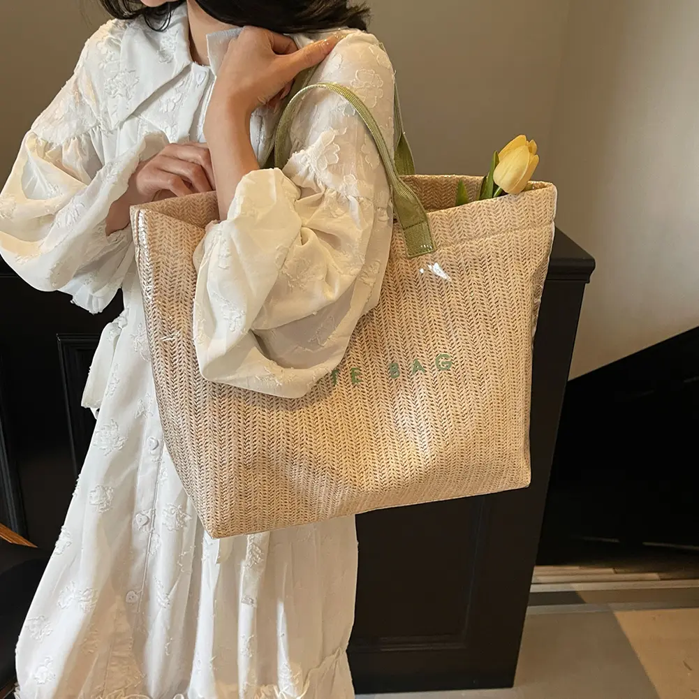 Pvc Woven Tote Bag Beach Straw Handbag Knit Causal Shoulder Bag Simple Hand-Woven Top-Handle Bags Shopping Seaside Vacation Pack